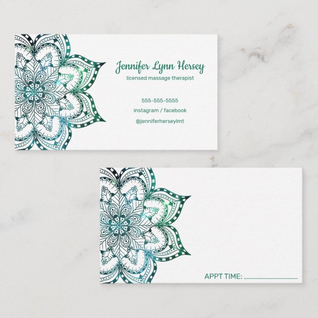 Tarjeta De Visita Terapia de masaje Boho Verde azulado Mandala (Anverso / Reverso)
