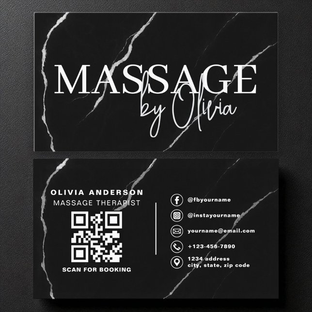 Tarjeta De Visita Terapia de masaje Código QR Plata Mármol Negro (Subido por el creador)