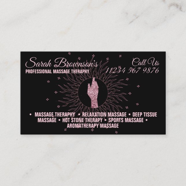 Tarjeta De Visita Terapia de Masaje Glitter Script Manos Sanadoras  (Anverso)