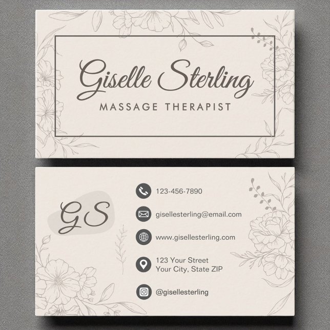 Tarjeta De Visita Terapia de Masaje Neutral Marfil Floral Elegante (Subido por el creador)