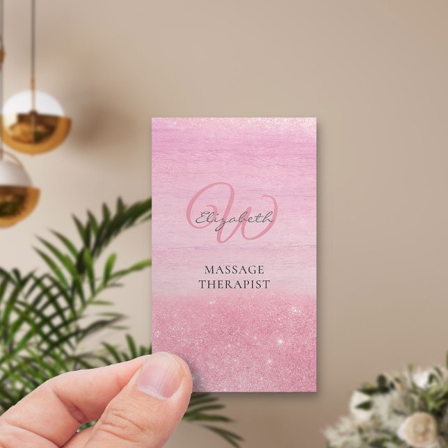 Tarjeta De Visita Terapia de masaje Ombre rosa Shimmer Vertical (Vertical business card - monogram logo on pink ombre)