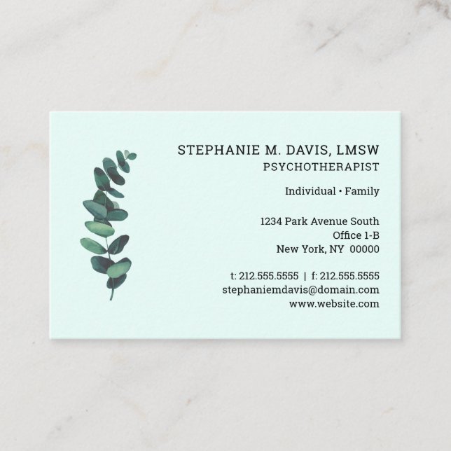 Tarjeta De Visita Terapia Eucalyptus Green Euro Business Card (Anverso)