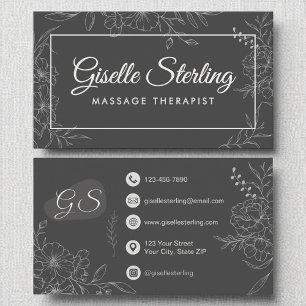 Tarjeta De Visita Terapia Masajista Moody Carbón Gris Floral