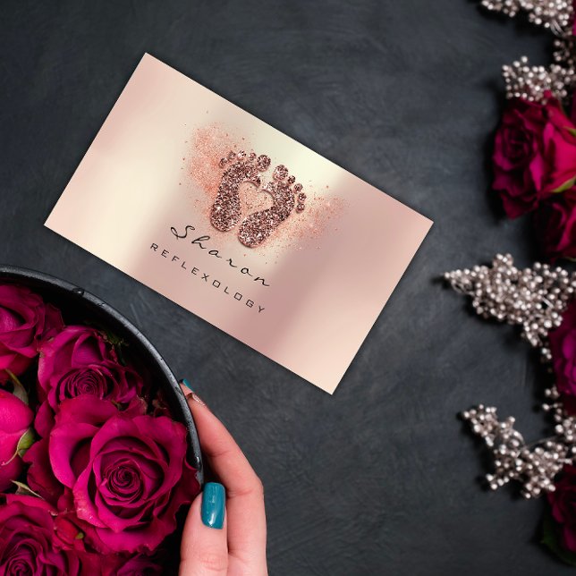 Tarjeta De Visita Terapia Masajista Reflexología Rosa Purpurina Oro  (Massage Therapy Reflexology Rose Gold Glitter Dust Business Card)