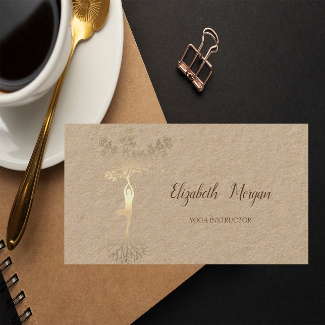 Tarjeta De Visita Terapia psicóloga, silueta de árbol de oro, yoga (Subido por el creador)
