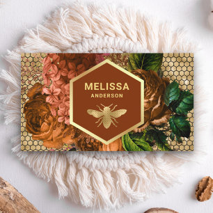 Tarjeta De Visita Terracota Panal de Abeja Miel con Lámina Dorada Fl