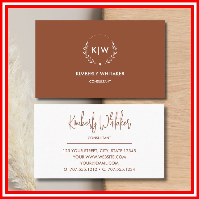 Tarjeta De Visita Terracota y blanco | Monograma de Iniciales Modern (Terracotta and White | Modern Initials Monogram Business Card)