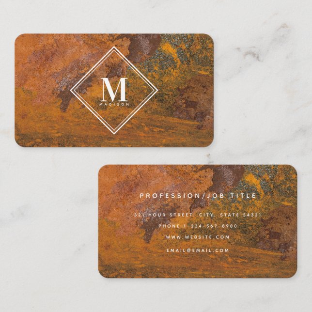 Tarjeta De Visita Terracotta Rust Metallic Texture Monogram Initial (Anverso / Reverso)