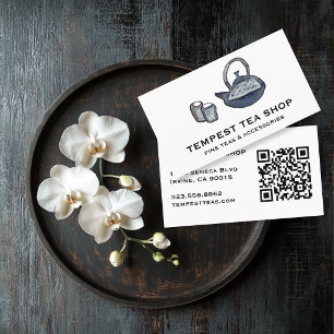 Tarjeta De Visita Tetera de Acuarela Tienda de Té Café QR PERSONALIZ