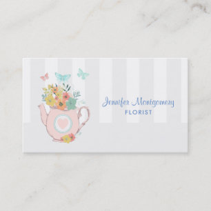 Tarjeta De Visita Tetera rosa con flores y mariposas vintage