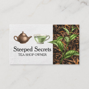 Tarjeta De Visita Tetera y taza dibujados a mano Hojas de té