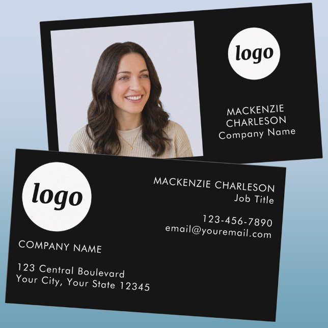Tarjeta De Visita Texto de Logo de Foto Simple Negro (Simple logo, custom text and photo business card )