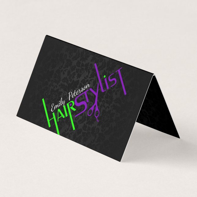 Tarjeta De Visita Texto negrita Black Green And Purple Hair Stylist (Anverso)