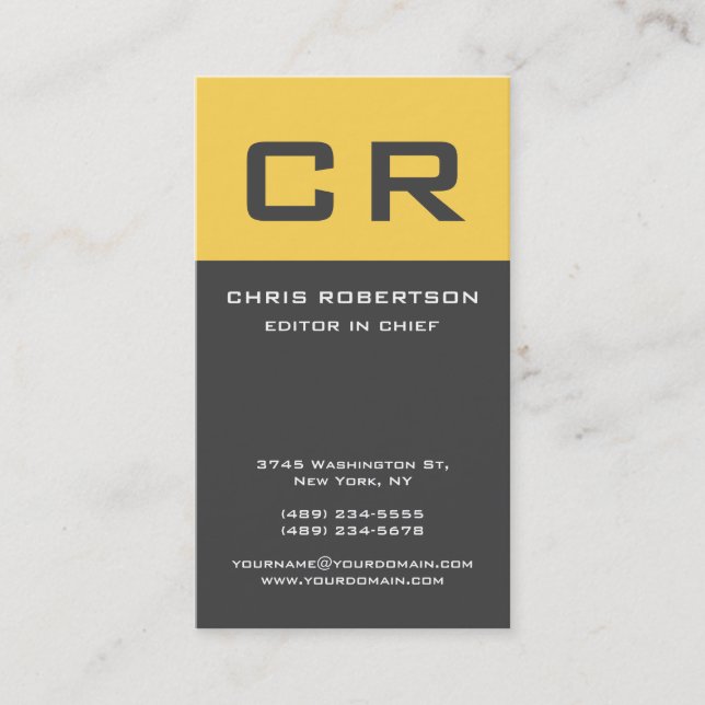 Tarjeta De Visita Texto negrita Monograma Gris Amarillo moderno Mini (Anverso)