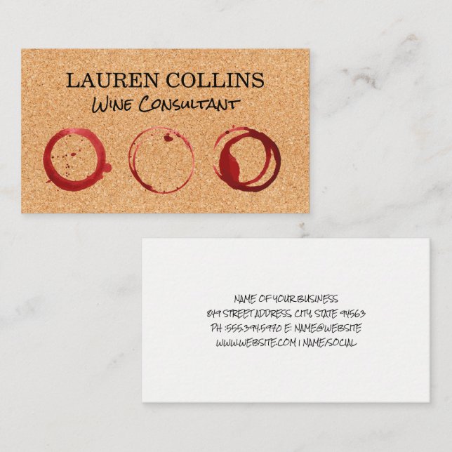 Tarjeta De Visita Textura de corcho | Manchas de vidrio de vino (Anverso / Reverso)