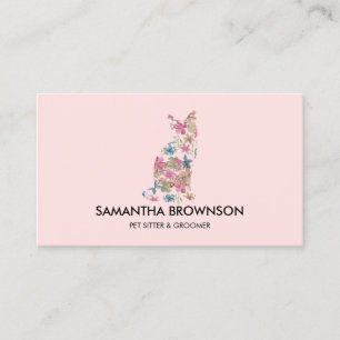 Tarjeta De Visita Textura de gato sentado con flor rosa