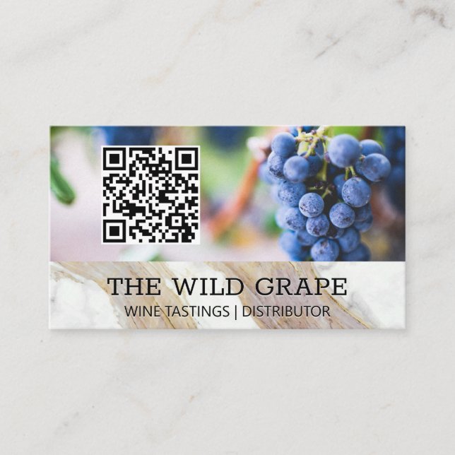 Tarjeta De Visita Textura de mármol blanco | Uvas de vino | Código Q (Anverso)