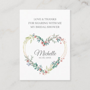 Tarjeta De Visita Thank Pink Floral Heart for Bridal Shower Name