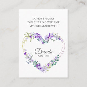 Tarjeta De Visita Thank Purple Floral Heart for Bridal Shower Name