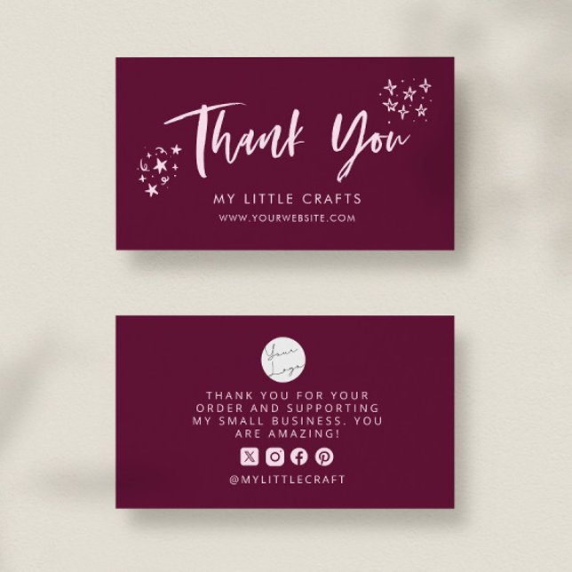 Tarjeta De Visita Thank You Doodle Stars Cranberry Small Business  (Subido por el creador)