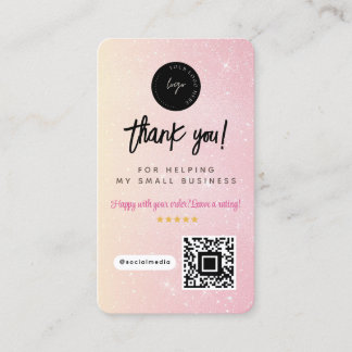 Tarjeta De Visita Thank You Social Media QR Code & Logo Pink Glitter