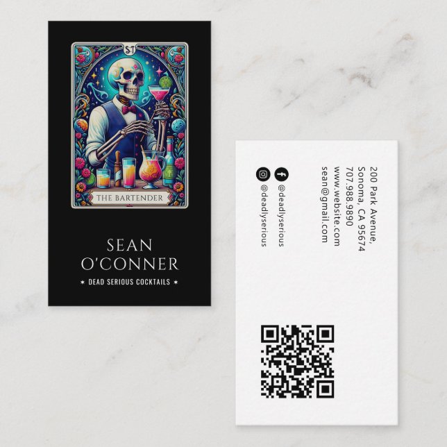 Tarjeta De Visita The Bartender Tarot Skeleton QR Code Black (Anverso / Reverso)