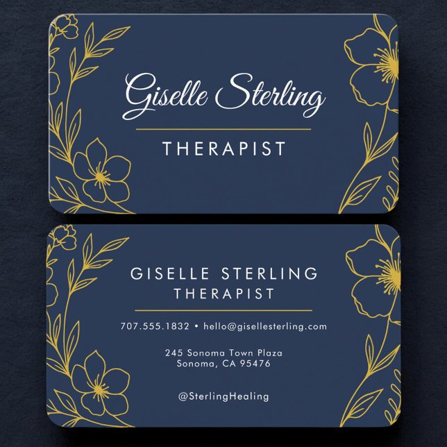 Tarjeta De Visita Therapist Floral Navy Blue Gold Professional (Subido por el creador)
