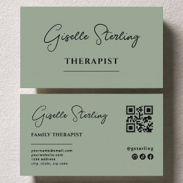 Tarjeta De Visita Therapist Psychologist Sage Green QR Code