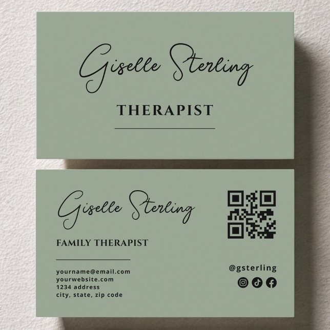 Tarjeta De Visita Therapist Psychologist Sage Green QR Code (Subido por el creador)