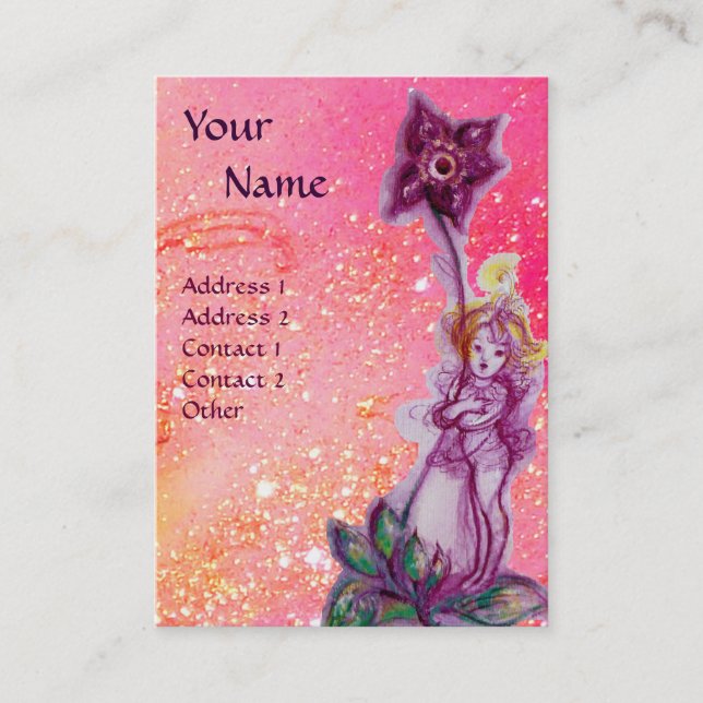 TARJETA DE VISITA THUMBELINA, FLORES PURPLE EN FUCHSIA ROSA (Anverso)
