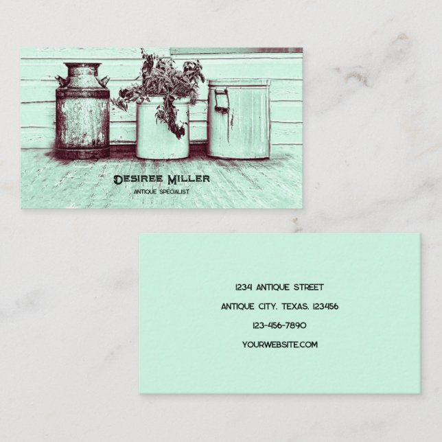 Tarjeta De Visita Tienda de antigüedades Verde azulada Jugos rústico (Anverso / Reverso)