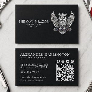 Tarjeta De Visita Tienda de Barbería Master Silver Owl Código Qr Pro