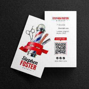 Tarjeta De Visita Tienda de Barbería Poste de Barbería Rojo Código Q