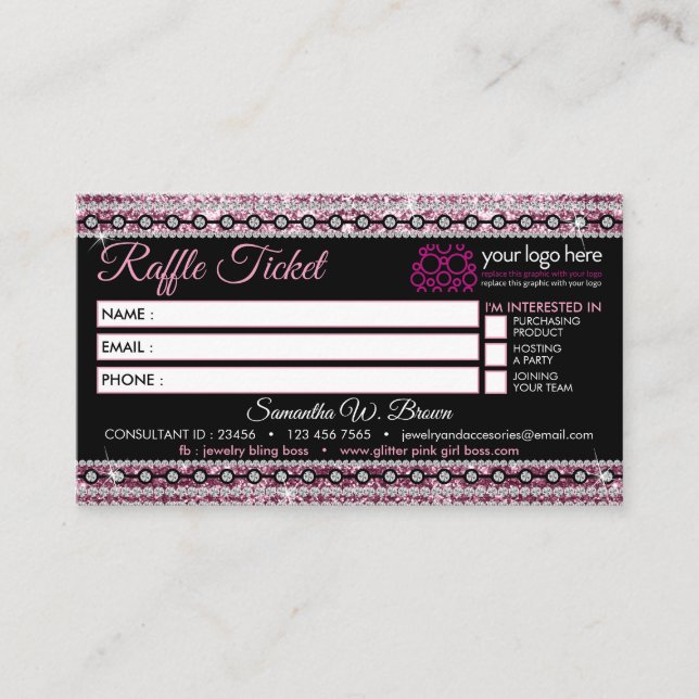 Tarjeta De Visita Tienda de joyas rosas Raffle-Ticket Glitz (Anverso)