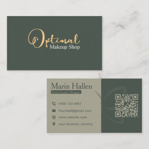 Tarjeta De Visita Tienda de Maquillaje Elegante Verde Salvia y Dorad