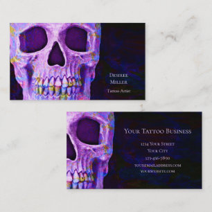 Tarjeta De Visita Tienda de tatuajes azul púrpura de cabeza de crá