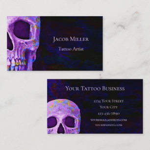 Tarjeta De Visita Tienda de tatuajes azul púrpura de cabeza de crá