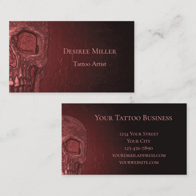 Tarjeta De Visita Tienda de tatuajes rosados metálicos de cráneo gót (Anverso / Reverso)