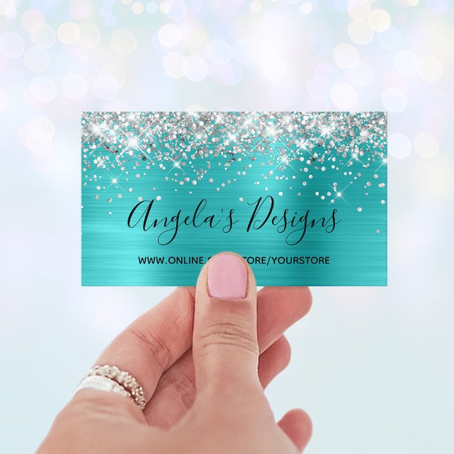 Tarjeta De Visita Tienda en línea de Relieve metalizado azul turques (Silver Glitter Blue Turquoise Foil Online Store Business Card)