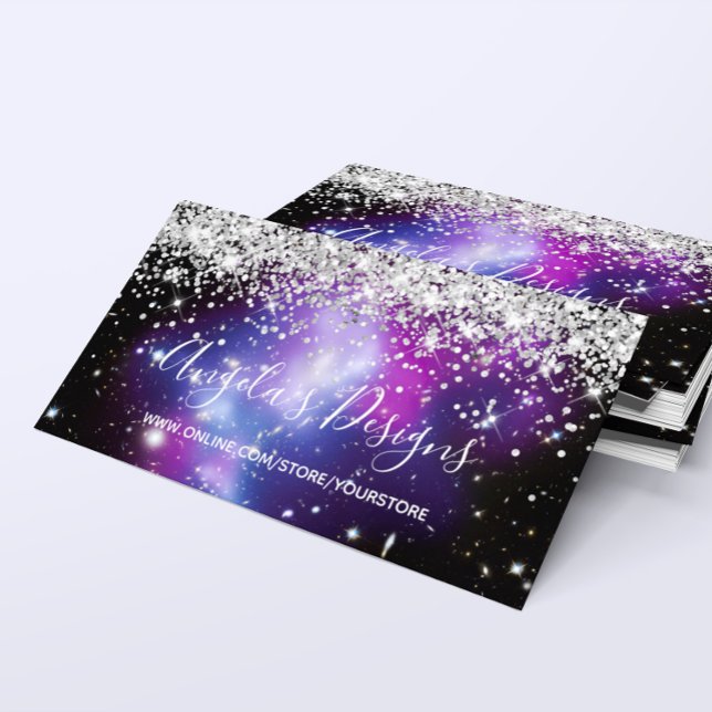 Tarjeta De Visita Tienda en línea Silver Purpurina Blue Purple Galax (Silver Glitter Blue Purple Galaxy Online Store Business Card)