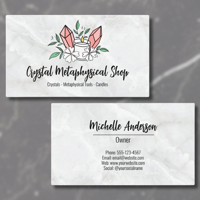 Tarjeta De Visita Tienda metafísica Flowers Candle Crystal (Cute Flowers Candle Pink Crystal Metaphysical Shop Business Card)