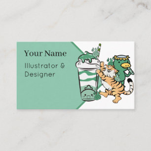 Tarjeta De Visita Tigre Kawaii y Kappa Batido de Matcha
