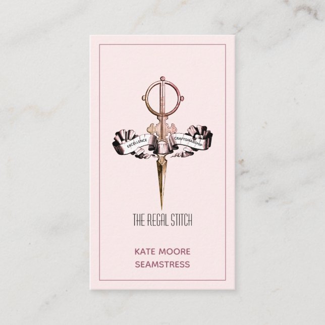 Tarjeta De Visita Tijeras antiguas y costurera rosada de la bandera (Anverso)