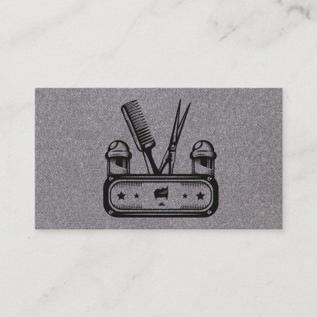 Tarjeta De Visita Tijeras Comb Barber Polo | Textura gris (Anverso)