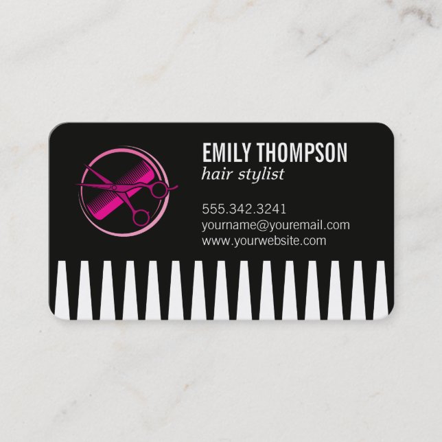 Tarjeta De Visita Tijeras de comb rosado | Hair Stylist (Anverso)