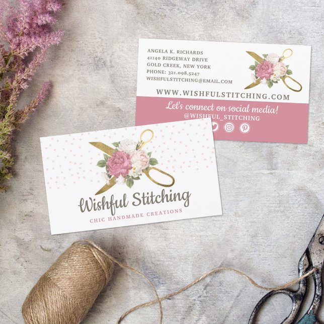 Tarjeta De Visita Tijeras de coser de oro Shabby Floral Social Media (Subido por el creador)
