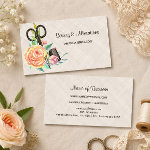 Tarjeta De Visita Tijeras de costurera florales vintage y dedal