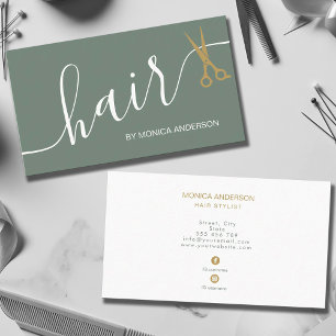 Tarjeta De Visita Tijeras de estilista de cabello dorado verde salvi