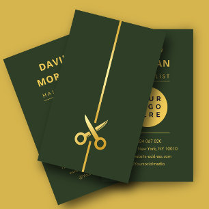 Tarjeta De Visita Tijeras de Estilista de Pelo Logo Lujo Verde & Oro