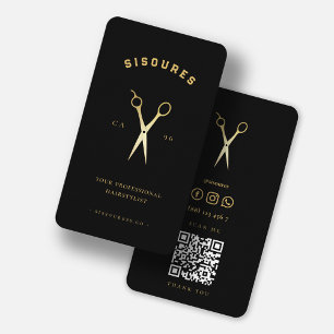 Tarjeta De Visita Tijeras de oro Hairstylista Código Qr Minimalista 